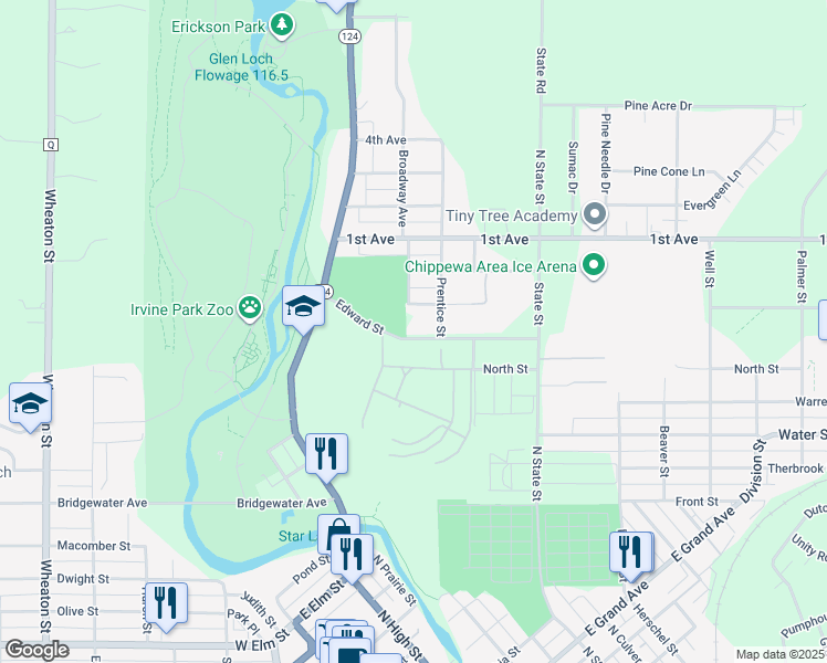map of restaurants, bars, coffee shops, grocery stores, and more near 304 Edward Street in Chippewa Falls
