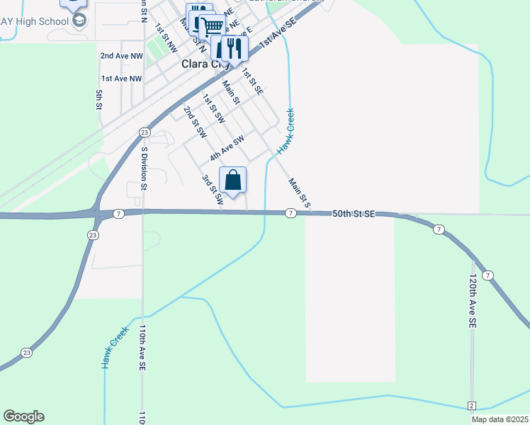 map of restaurants, bars, coffee shops, grocery stores, and more near 11080 50th Street Southeast in Clara City
