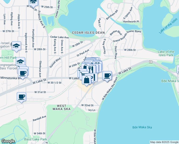 map of restaurants, bars, coffee shops, grocery stores, and more near 3248 West Lake Street in Minneapolis
