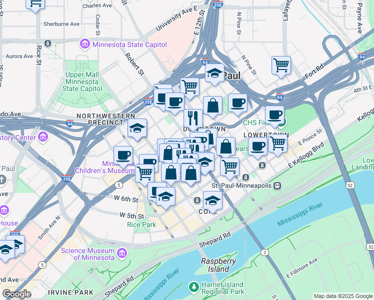 map of restaurants, bars, coffee shops, grocery stores, and more near 85 7th Place East in Saint Paul