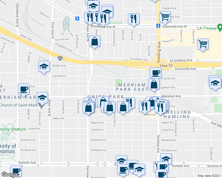map of restaurants, bars, coffee shops, grocery stores, and more near 1740 Iglehart Avenue in Saint Paul