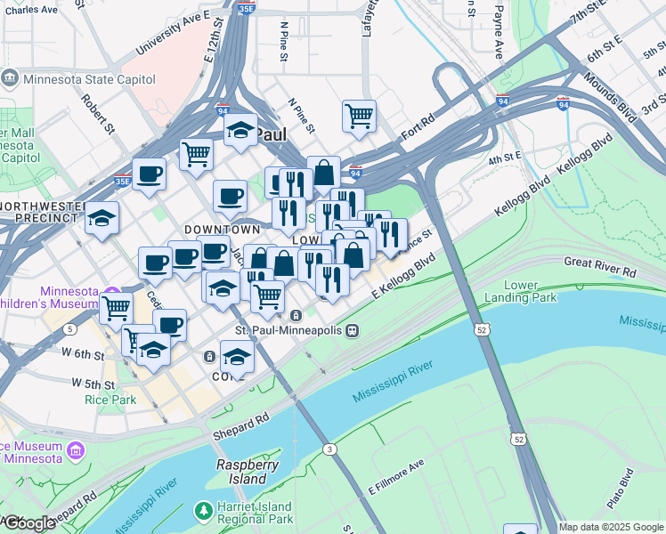 map of restaurants, bars, coffee shops, grocery stores, and more near 240 5th Street East in Saint Paul