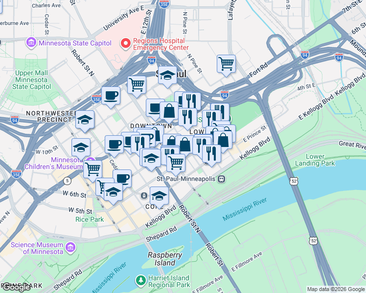 map of restaurants, bars, coffee shops, grocery stores, and more near 373 North Sibley Street in Saint Paul