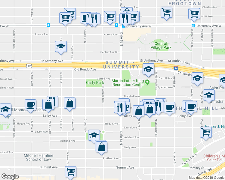 map of restaurants, bars, coffee shops, grocery stores, and more near 648 Iglehart Avenue in Saint Paul