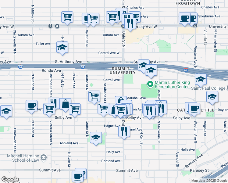 map of restaurants, bars, coffee shops, grocery stores, and more near 648 Iglehart Avenue in Saint Paul