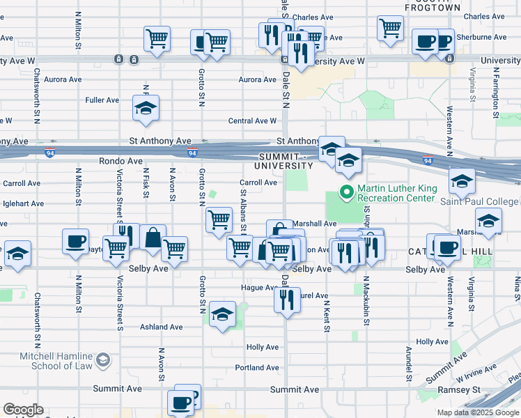 map of restaurants, bars, coffee shops, grocery stores, and more near 648 Iglehart Avenue in Saint Paul