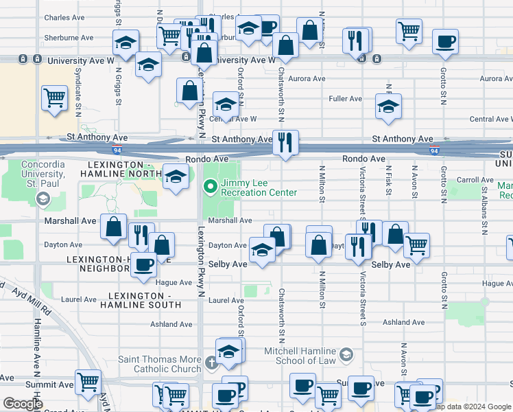 map of restaurants, bars, coffee shops, grocery stores, and more near 1003 Marshall Avenue in Saint Paul