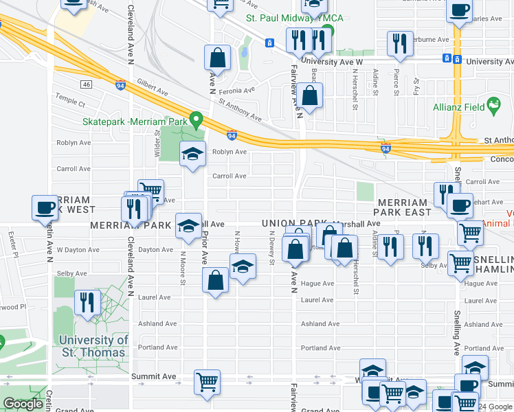 map of restaurants, bars, coffee shops, grocery stores, and more near 1882 Iglehart Avenue in Saint Paul