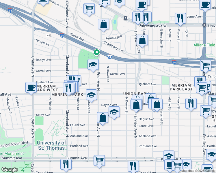 map of restaurants, bars, coffee shops, grocery stores, and more near 1924 Iglehart Avenue in Saint Paul