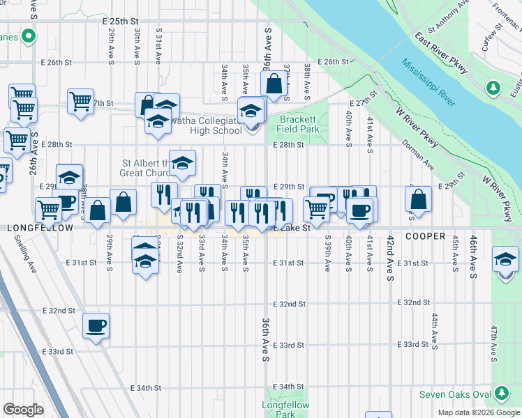 map of restaurants, bars, coffee shops, grocery stores, and more near in Minneapolis