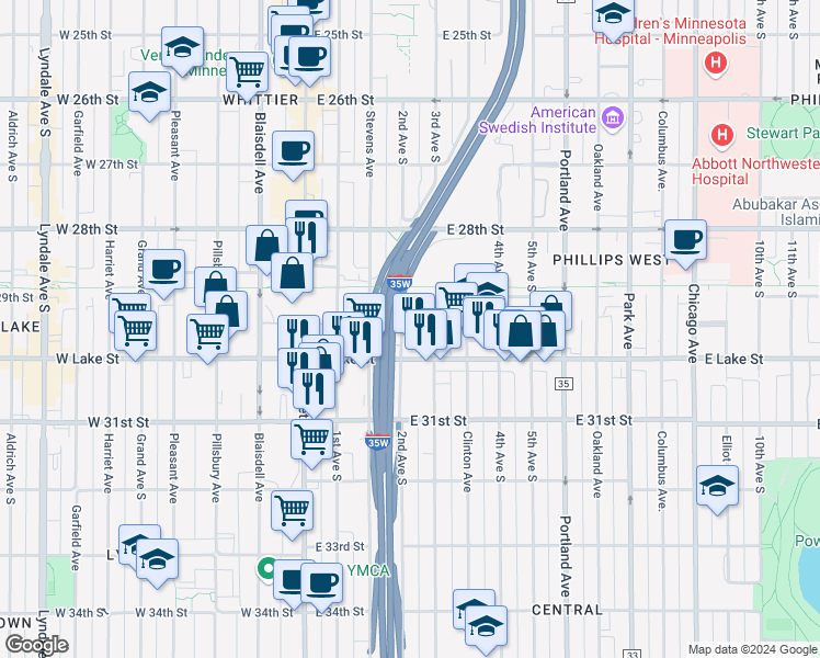 map of restaurants, bars, coffee shops, grocery stores, and more near in Minneapolis