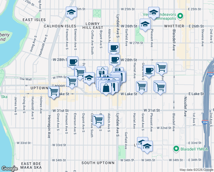 map of restaurants, bars, coffee shops, grocery stores, and more near 2928 Aldrich Avenue South in Minneapolis