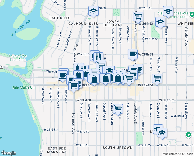 map of restaurants, bars, coffee shops, grocery stores, and more near 1125 Lagoon Avenue in Minneapolis