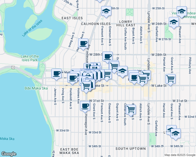 map of restaurants, bars, coffee shops, grocery stores, and more near 2921 Girard Avenue South in Minneapolis