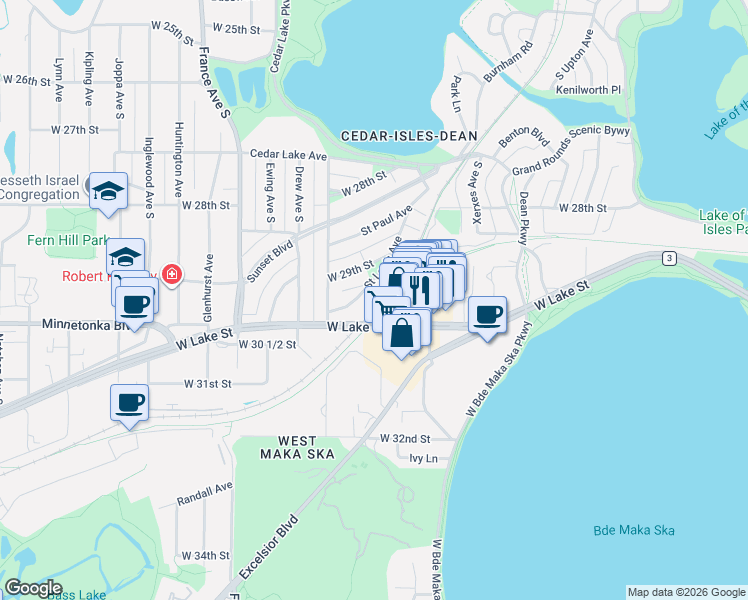 map of restaurants, bars, coffee shops, grocery stores, and more near 3445 Saint Louis Avenue in Minneapolis