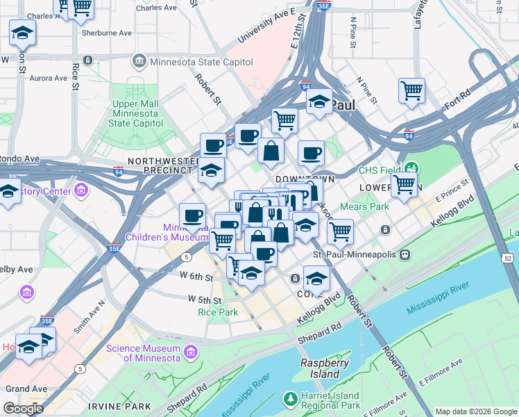 map of restaurants, bars, coffee shops, grocery stores, and more near 455 Minnesota Street in Saint Paul