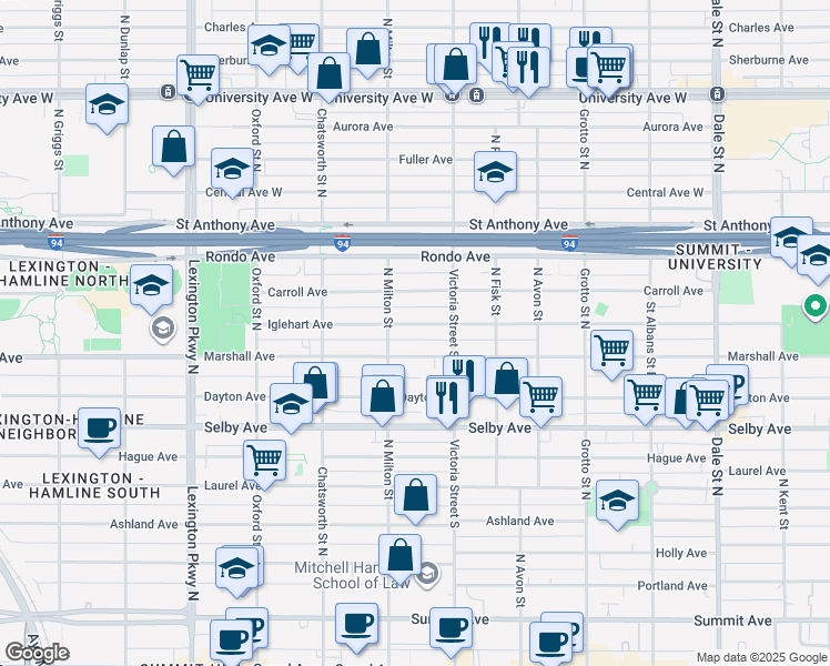 map of restaurants, bars, coffee shops, grocery stores, and more near 894 Iglehart Avenue in Saint Paul