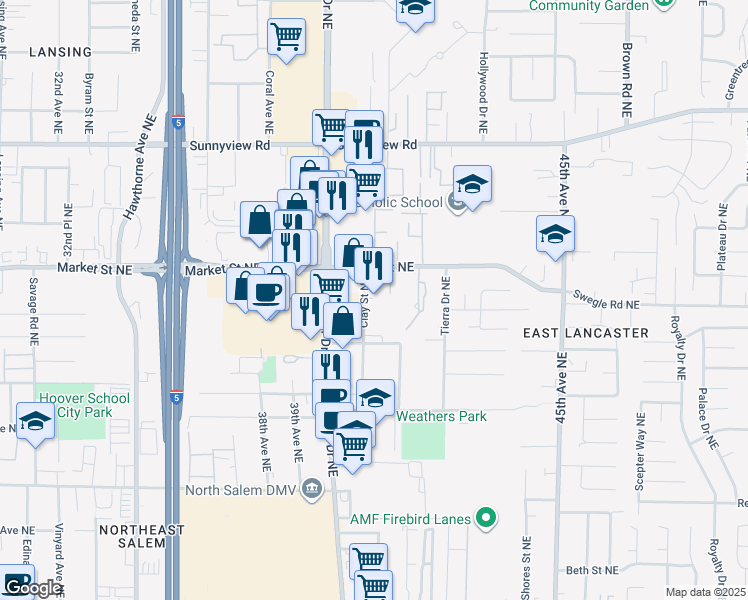 map of restaurants, bars, coffee shops, grocery stores, and more near 1636 Clay Street Northeast in Salem