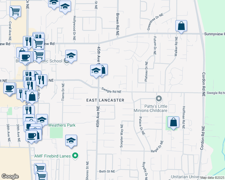 map of restaurants, bars, coffee shops, grocery stores, and more near 4573 Swegle Road Northeast in Salem