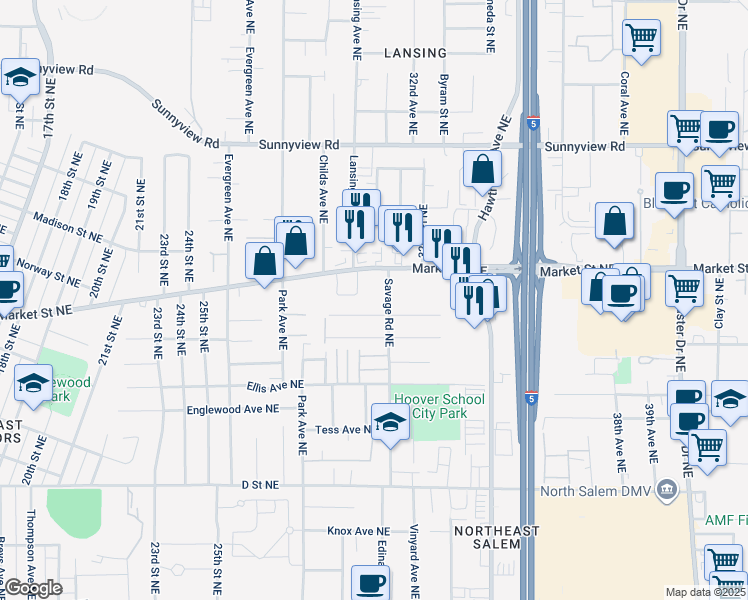 map of restaurants, bars, coffee shops, grocery stores, and more near 1661 Savage Road Northeast in Salem