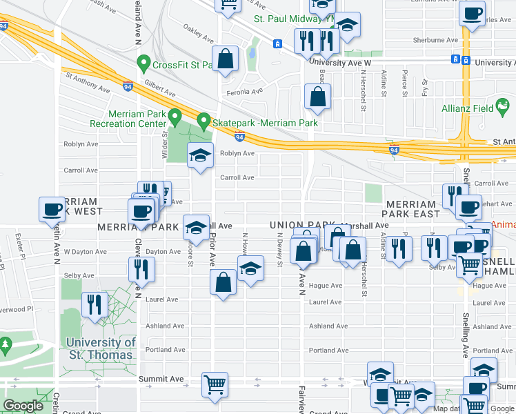 map of restaurants, bars, coffee shops, grocery stores, and more near 1882 Iglehart Avenue in Saint Paul