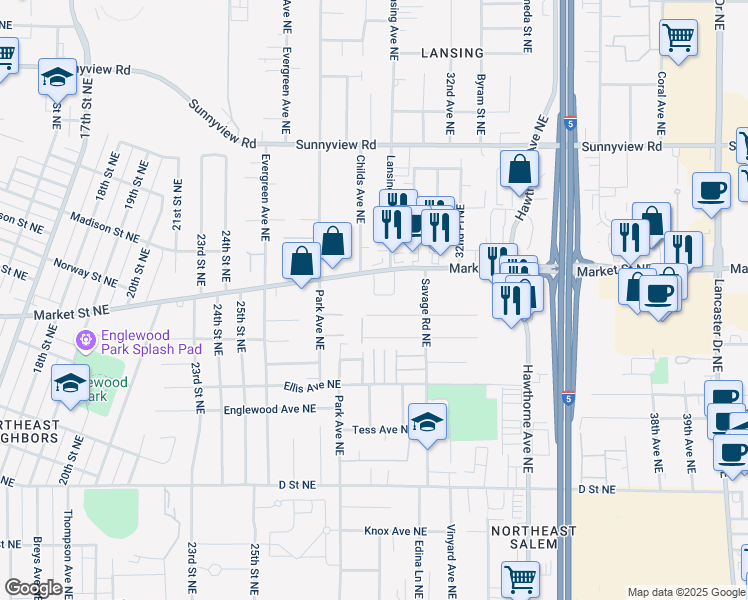 map of restaurants, bars, coffee shops, grocery stores, and more near 3041 Alberta Avenue Northeast in Salem