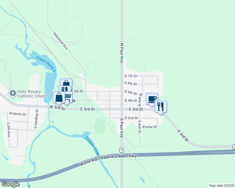 map of restaurants, bars, coffee shops, grocery stores, and more near 518 East 4th Street in Owen