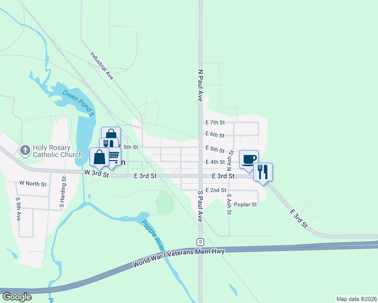 map of restaurants, bars, coffee shops, grocery stores, and more near 518 East 4th Street in Owen