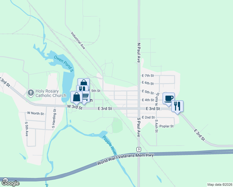 map of restaurants, bars, coffee shops, grocery stores, and more near 418 East 4th Street in Owen