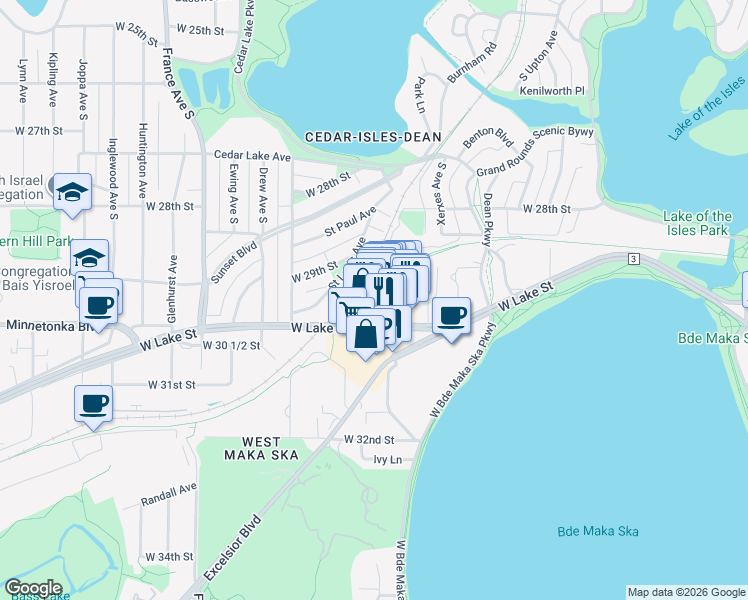 map of restaurants, bars, coffee shops, grocery stores, and more near 3248 West Lake Street in Minneapolis
