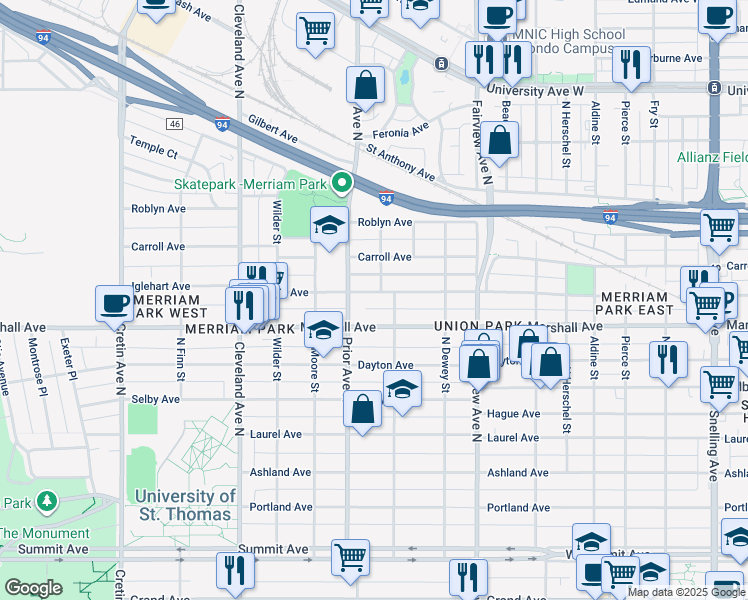map of restaurants, bars, coffee shops, grocery stores, and more near 1924 Iglehart Avenue in Saint Paul