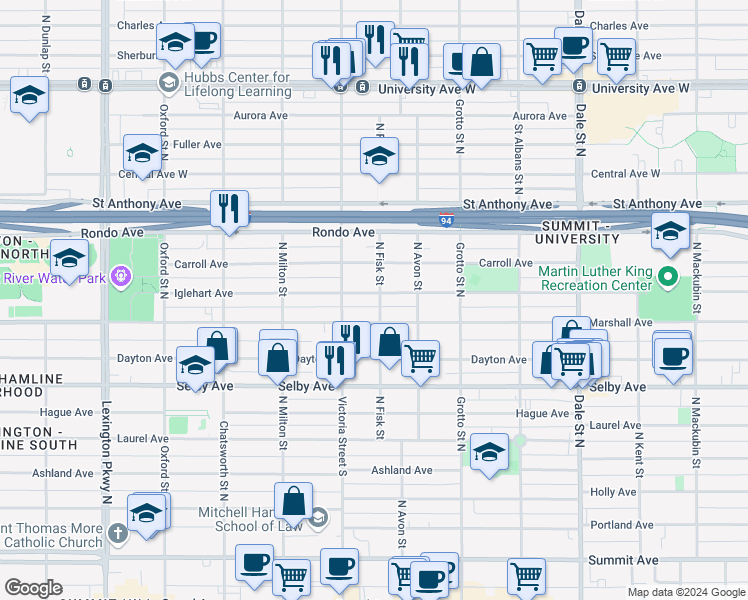 map of restaurants, bars, coffee shops, grocery stores, and more near 261 North Fisk Street in Saint Paul