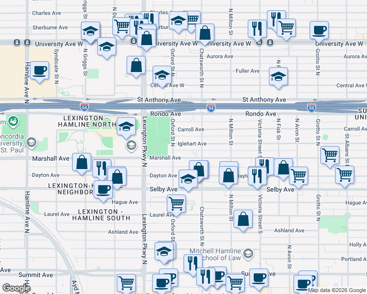 map of restaurants, bars, coffee shops, grocery stores, and more near 1003 Marshall Avenue in Saint Paul