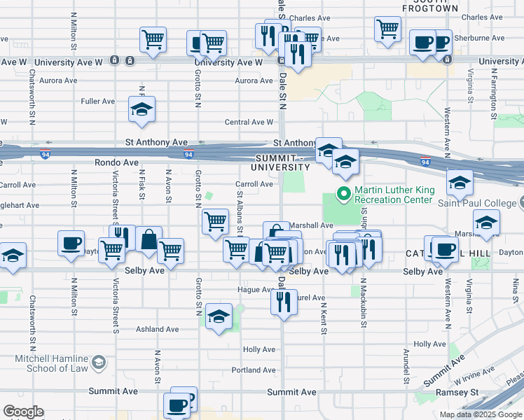 map of restaurants, bars, coffee shops, grocery stores, and more near 648 Iglehart Avenue in Saint Paul