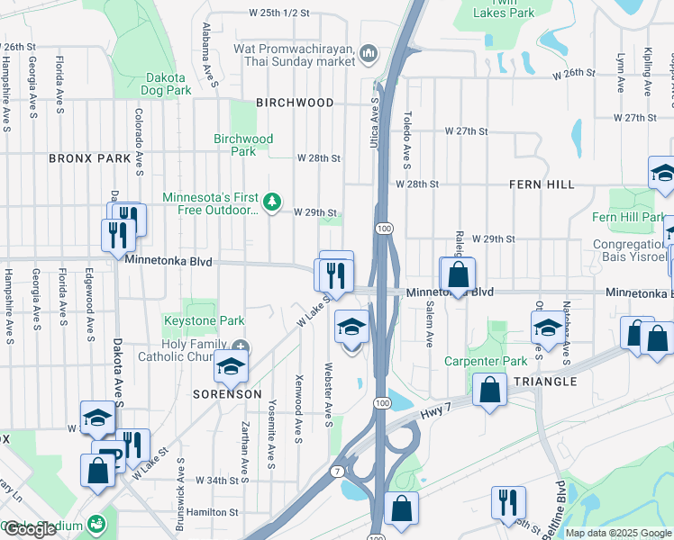 map of restaurants, bars, coffee shops, grocery stores, and more near 5430 Minnetonka Boulevard in Minneapolis