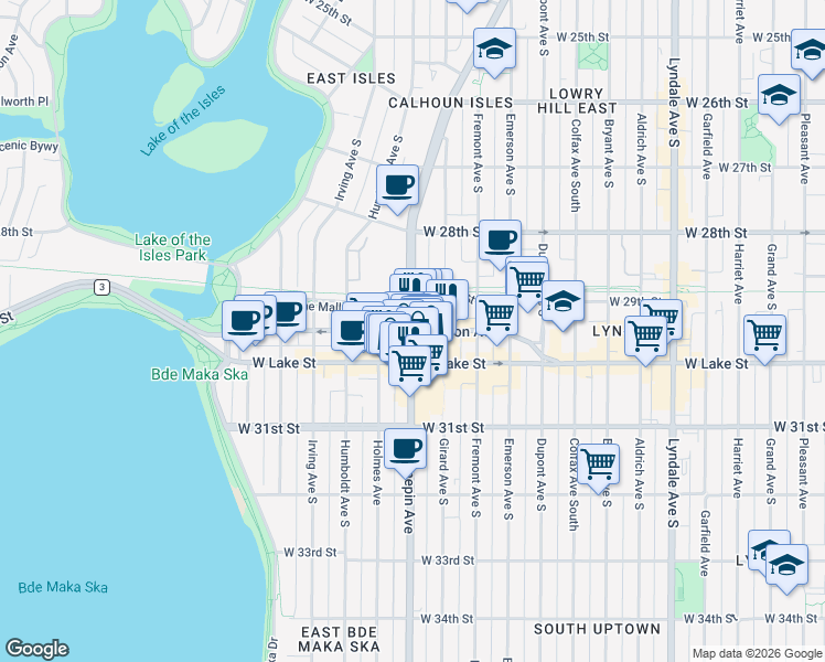 map of restaurants, bars, coffee shops, grocery stores, and more near Hennepin Ave & Lagoon Ave in Minneapolis