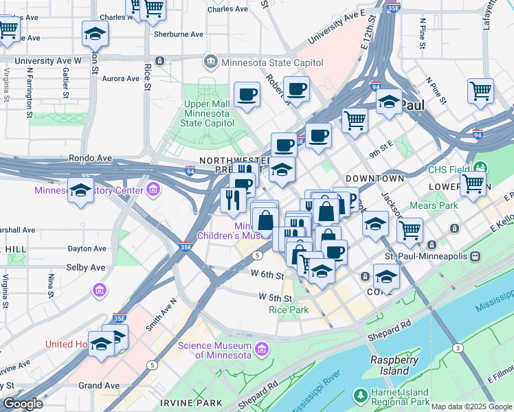 map of restaurants, bars, coffee shops, grocery stores, and more near 17 West Exchange Street in Saint Paul