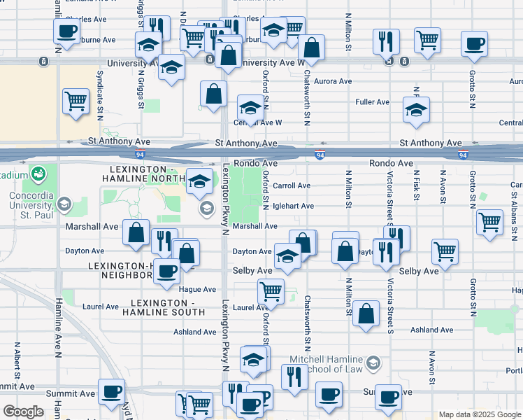 map of restaurants, bars, coffee shops, grocery stores, and more near 1034 Oxford Street North in Saint Paul