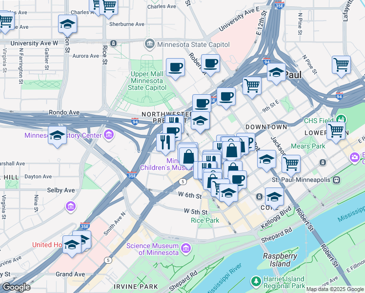 map of restaurants, bars, coffee shops, grocery stores, and more near 17 West Exchange Street in Saint Paul
