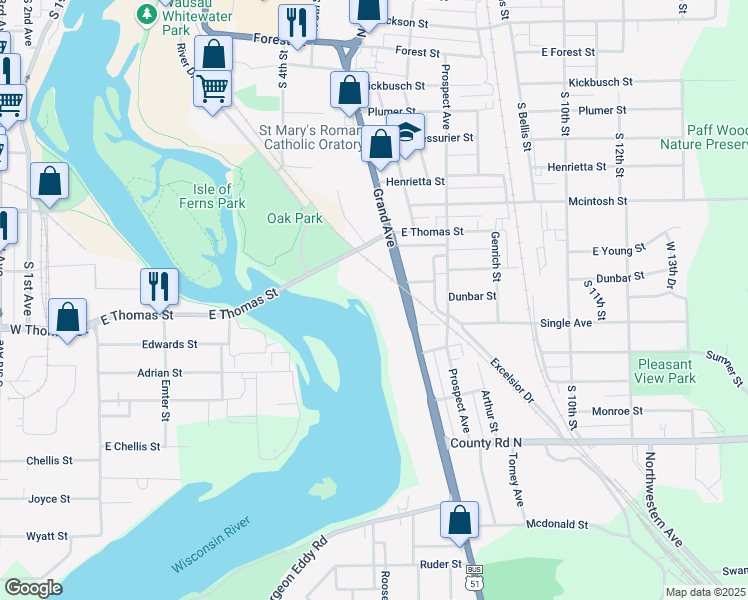 map of restaurants, bars, coffee shops, grocery stores, and more near 904 Grand Avenue in Wausau