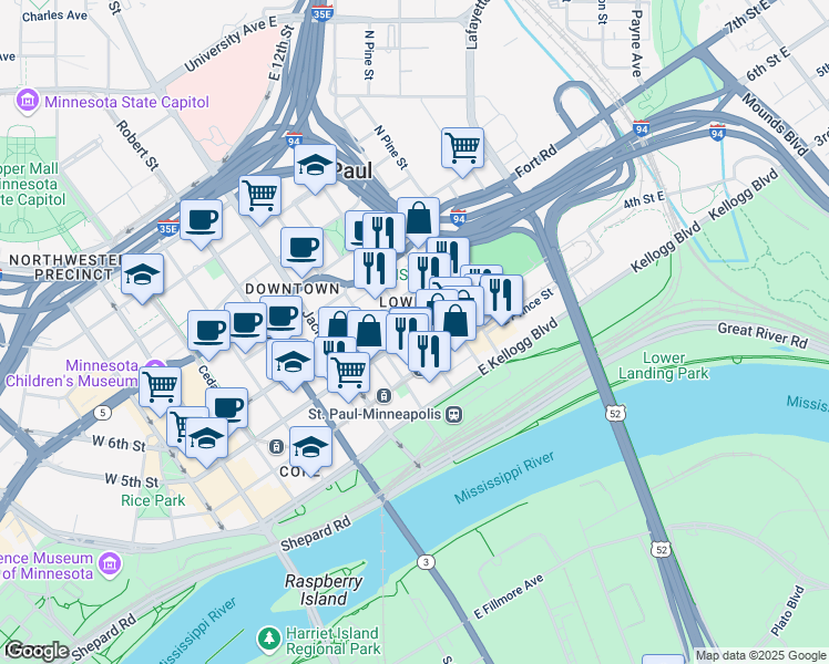 map of restaurants, bars, coffee shops, grocery stores, and more near E 5th St & N Wacouta St in St Paul