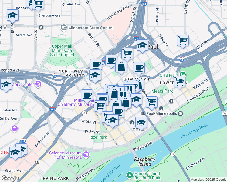 map of restaurants, bars, coffee shops, grocery stores, and more near 455 Minnesota Street in Saint Paul