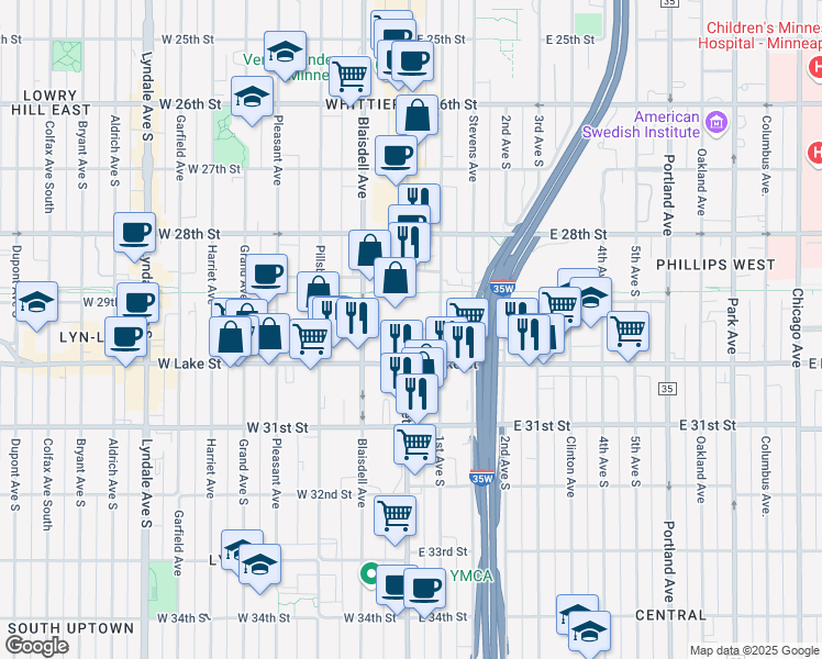 map of restaurants, bars, coffee shops, grocery stores, and more near 10 West Lake Street in Minneapolis