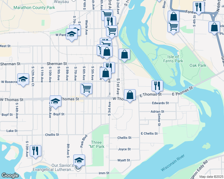 map of restaurants, bars, coffee shops, grocery stores, and more near 1028 South 1st Avenue in Wausau