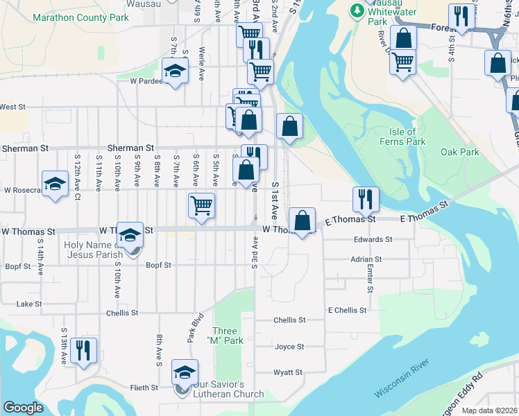map of restaurants, bars, coffee shops, grocery stores, and more near 1028 South 1st Avenue in Wausau