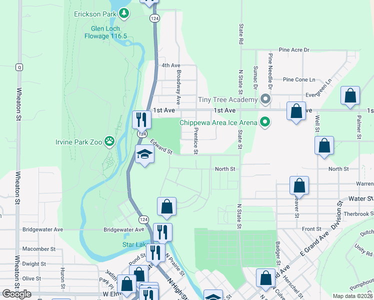 map of restaurants, bars, coffee shops, grocery stores, and more near 304 Edward Street in Chippewa Falls