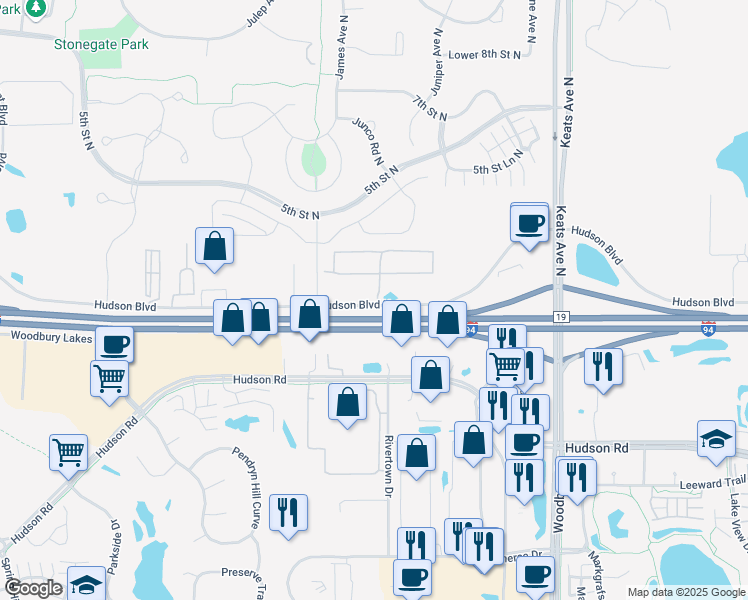 map of restaurants, bars, coffee shops, grocery stores, and more near 9465-9999 Hudson Boulevard North in Lake Elmo