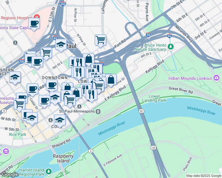 map of restaurants, bars, coffee shops, grocery stores, and more near 340 North Broadway Street in Saint Paul