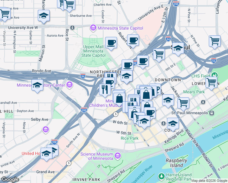 map of restaurants, bars, coffee shops, grocery stores, and more near 17 West Exchange Street in Saint Paul