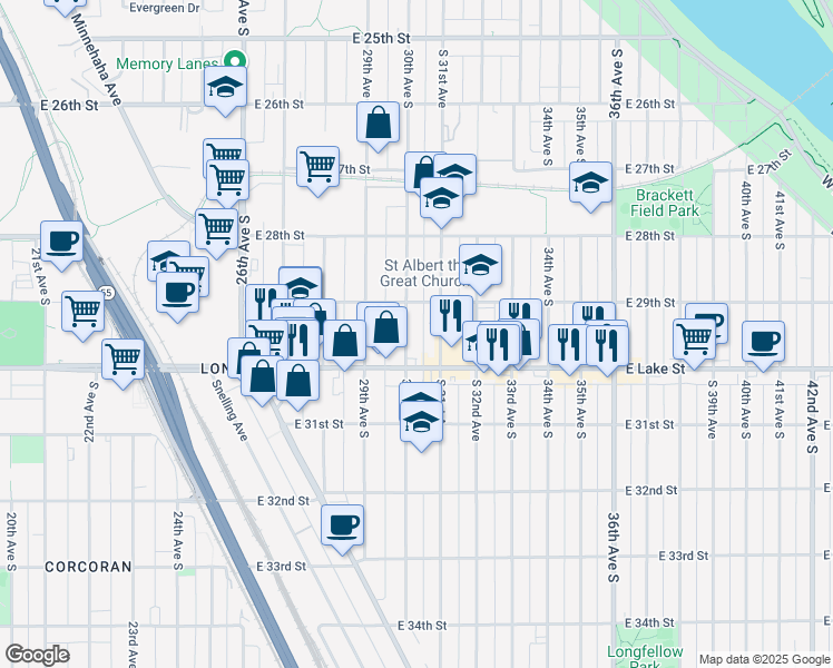 map of restaurants, bars, coffee shops, grocery stores, and more near 2933 30th Avenue South in Minneapolis